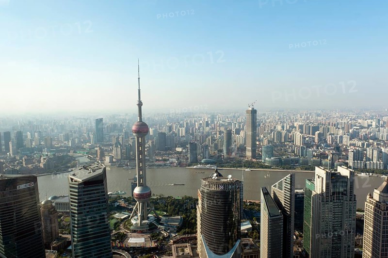 View from Jin Mao Tower skyscraper with Oriental Pearl TV Tower