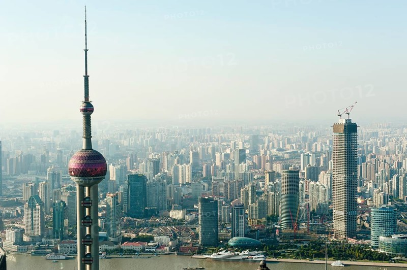 View from Jin Mao Tower skyscraper with Oriental Pearl TV Tower