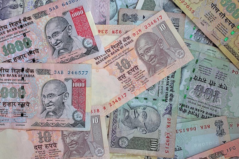 Indian rupee bills with portrait of Gandhi