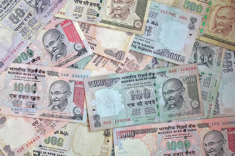 Indian rupee bills with portrait of Gandhi