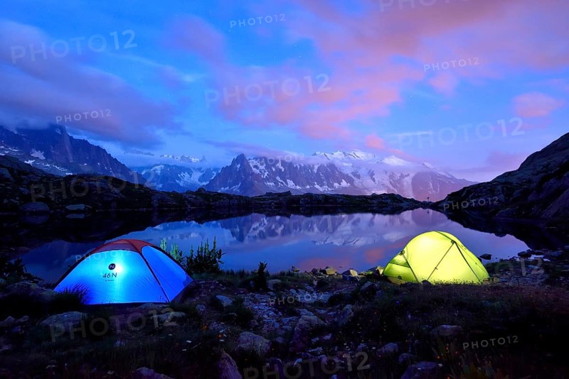 Mont Blanc massif at night reflected in Lac de Chesserys