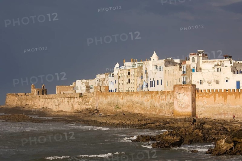 View of the ramparts at the port city of Essaouira at the Atlantic Ocean