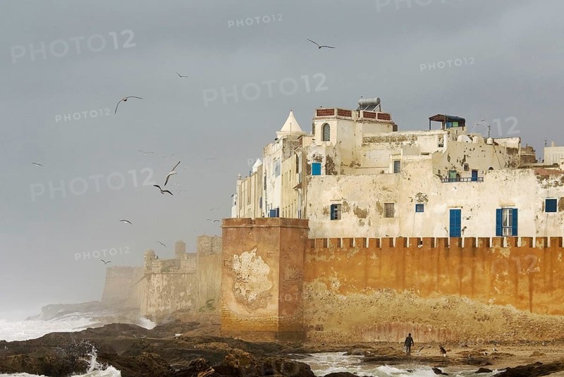View of the ramparts of the port city of Essaouira at the Atlantic Ocean