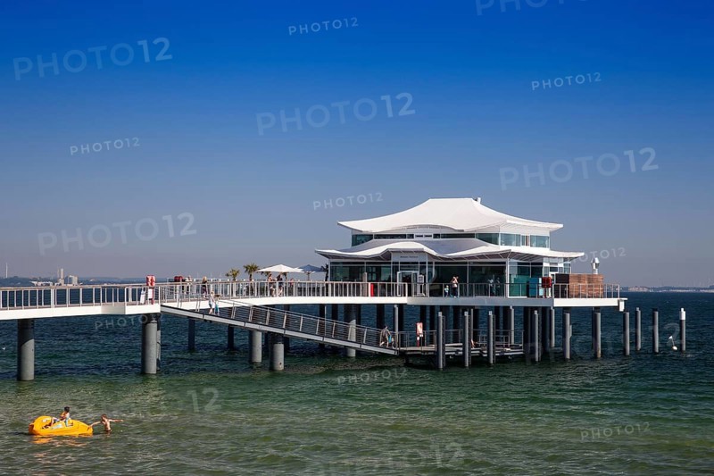 Seeschlosschenbrucke bridge with Japanese teahouse on Timmendorfer beach