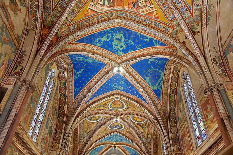 Ceiling vaults decorated with frescoes in the upper church of San Francesco Basilica