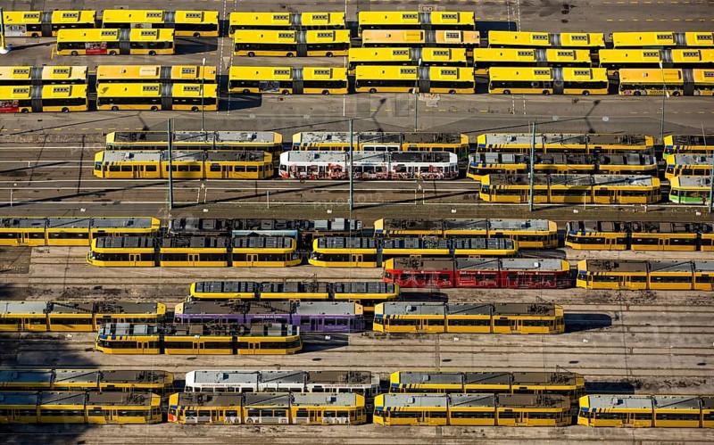Buses and trams in Essen transport company depot