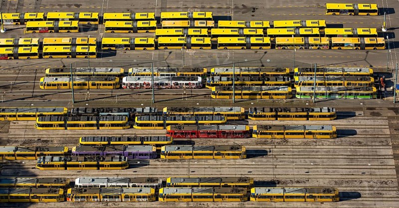 Buses and trams in Essen transport company depot