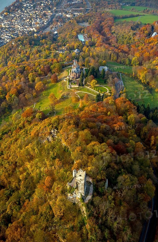 Burg Drachenfels and Drachenburg Castle in autumn