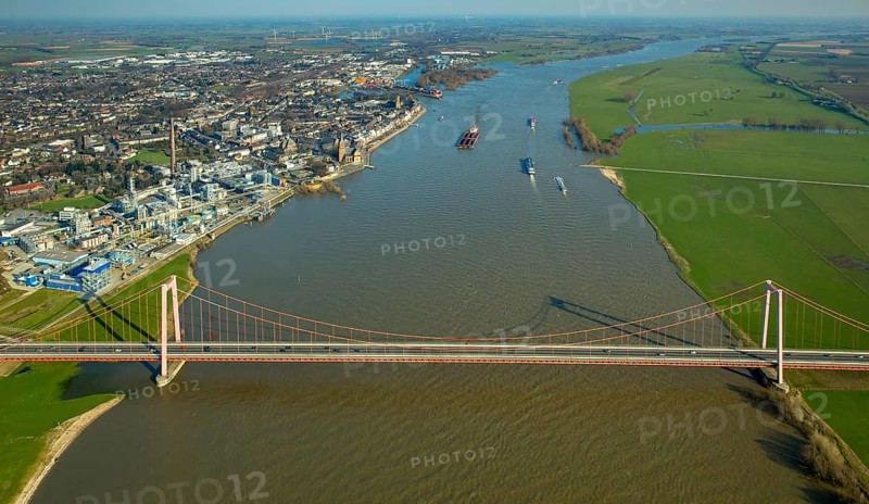 Aerial view of the Emmerich Rhine Bridge during flooding