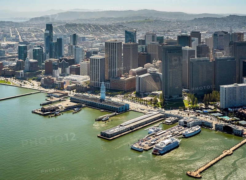 Aerial view of San Francisco Downtown with its piers as seen from the water