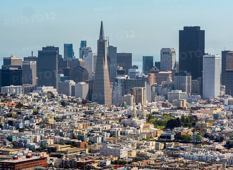 Aerial view of the Financial District with Transamerica Pyramid as seen from the north