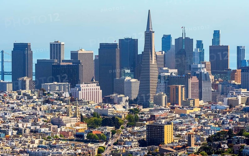 Aerial view of the Financial District with Transamerica Pyramid as seen from the north