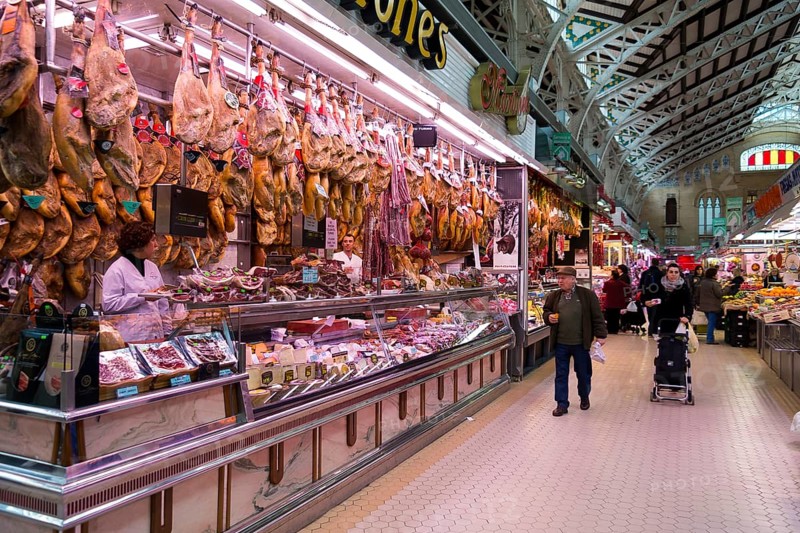 Ham for sale at the central market in Valencia