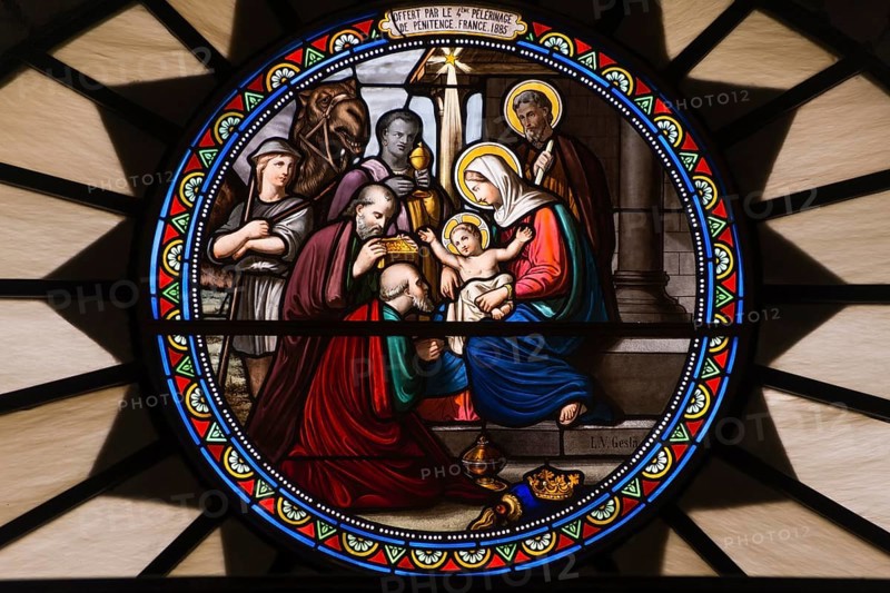 Church window of St. Catherine's Church with birth of Jesus Christ with Mary