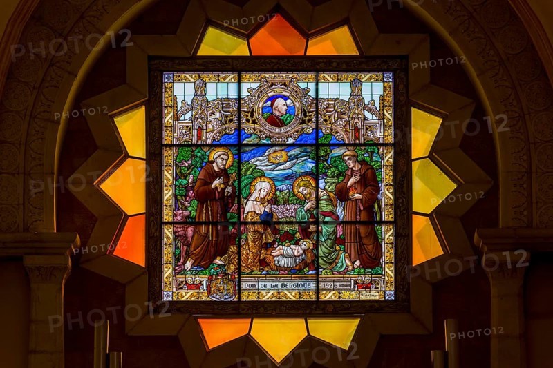 Stained glass window depicting the birth of Jesus Christ in the St. Catherine's Church
