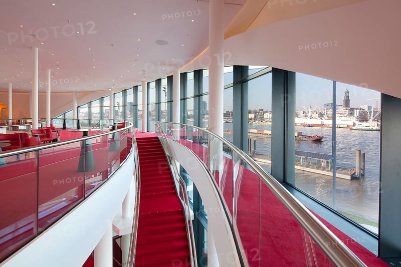 Stairs to the rank foyer with views of the city