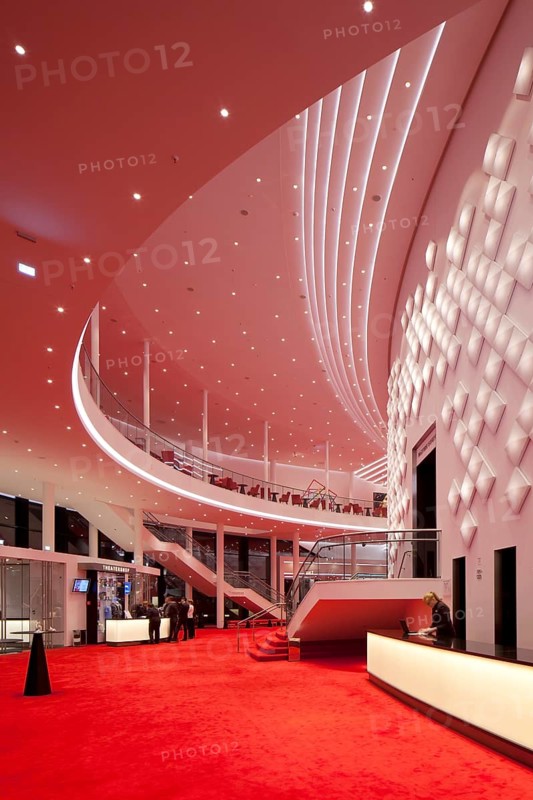 Large foyer on two floors with decorative light installation