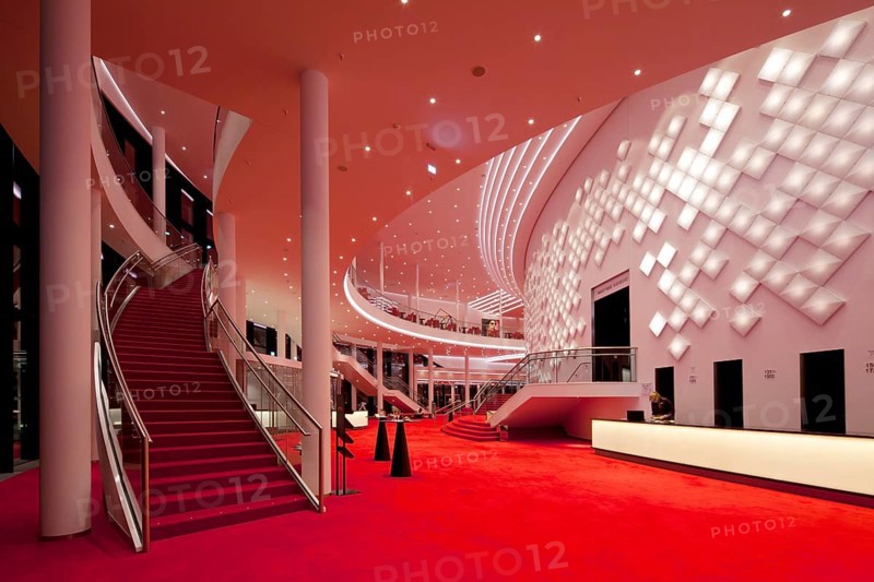 Large foyer on two floors with decorative light installation