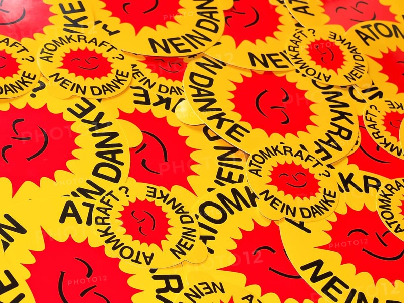 Many stickers "Atomkraft? Nein danke"