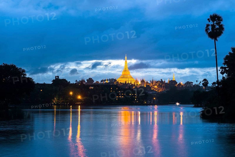 Golden main stupa at dusk