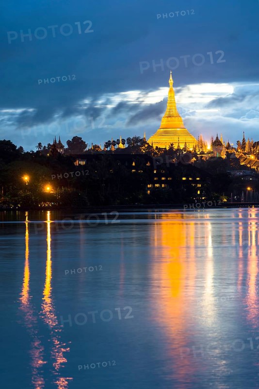 Golden main stupa at dusk