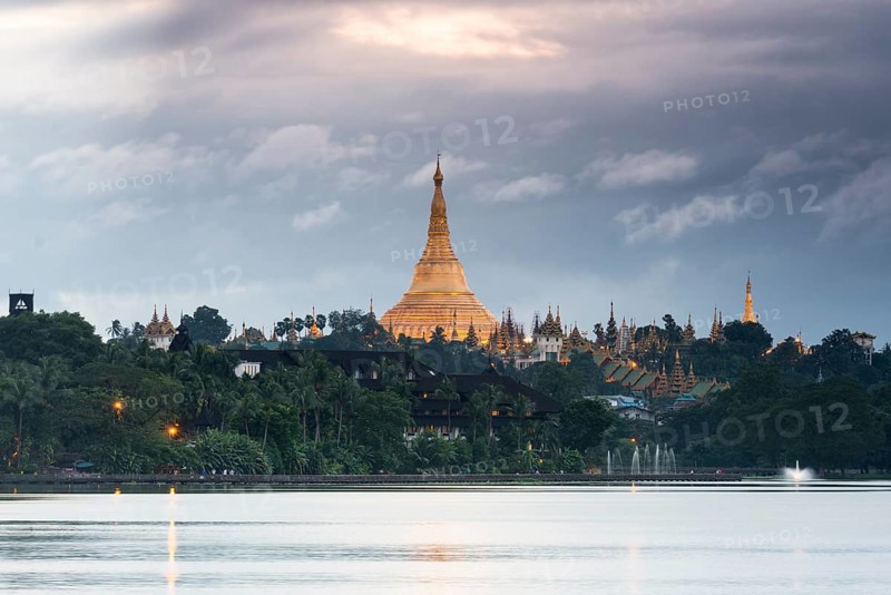 Golden main stupa at dusk