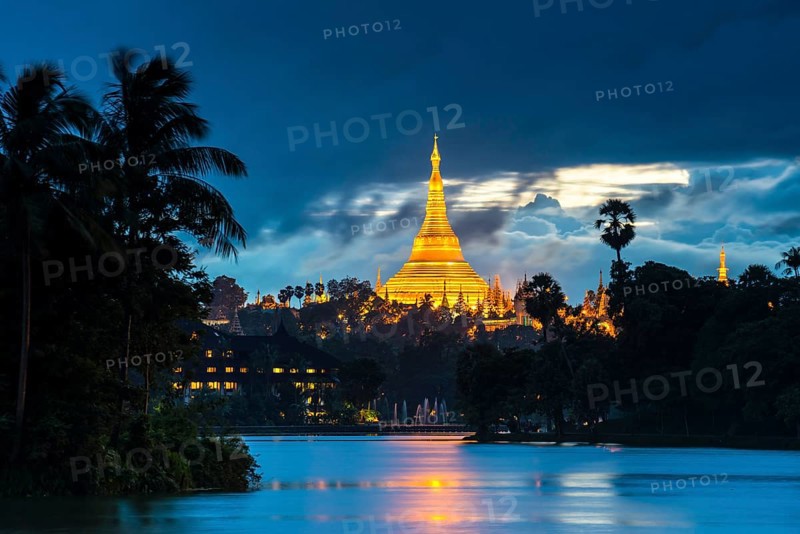 Golden main stupa at dusk