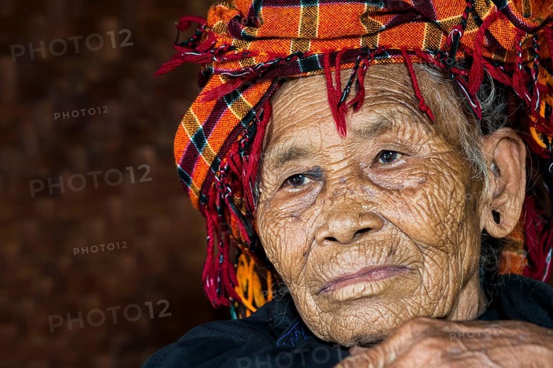 Old woman of mountain tribe or mountain people Pa-O or Pa-Oh or Pao or Black Karen or Taungthu or dew-soo