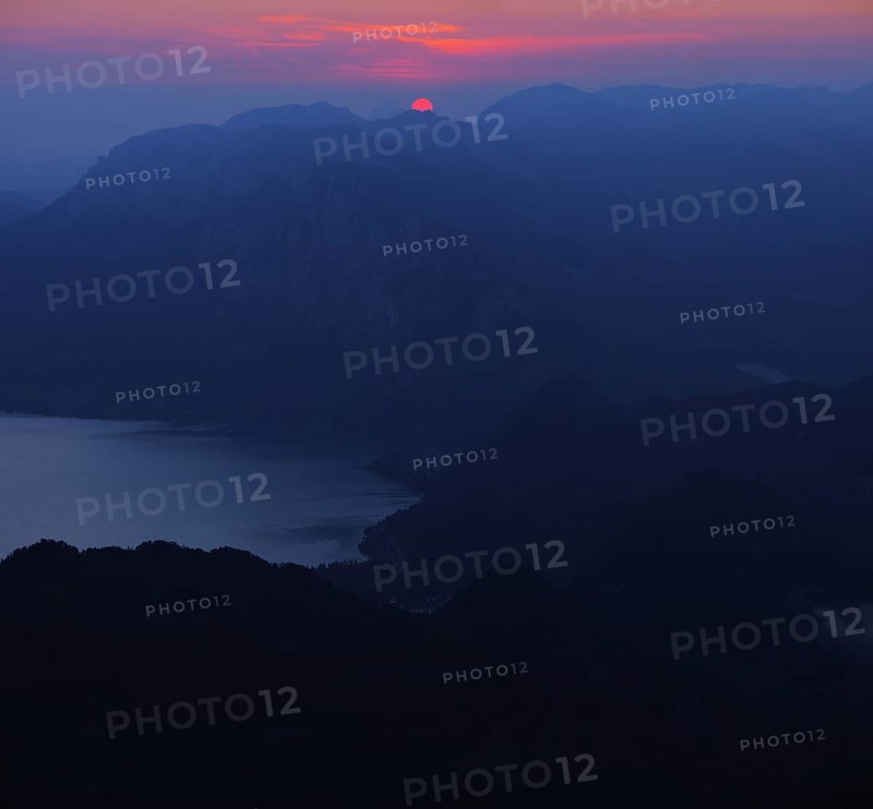 Sunrise over Attersee or Lake Atter and Hollengebirge mountain range