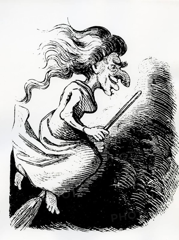Witch riding on a broom to the Blocksberg