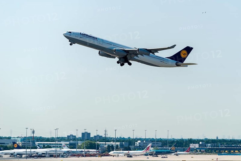 The Airbus A340-300 Dinslaken of the airline Lufthansa is taking off at Frankfurt International Airport