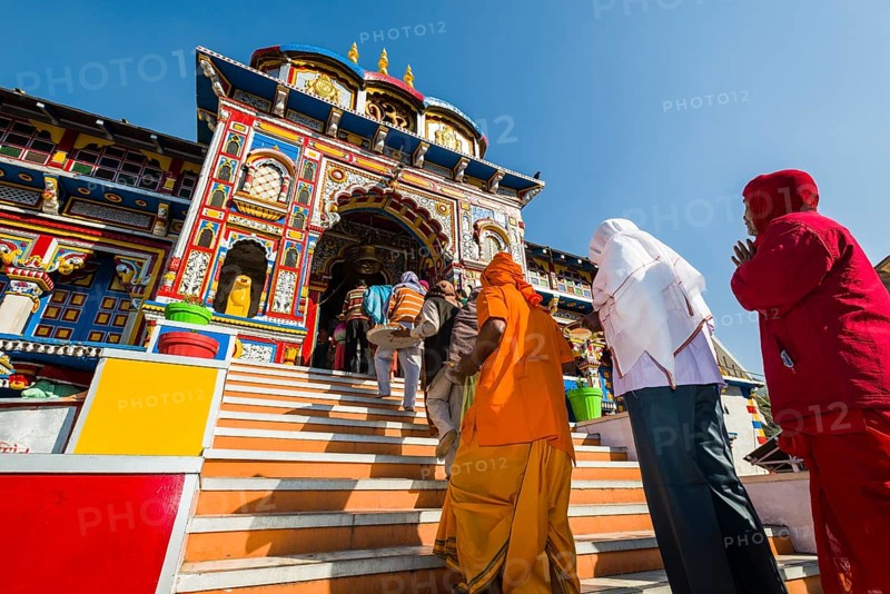 Pilgrims entering the colourful Badrinath Temple