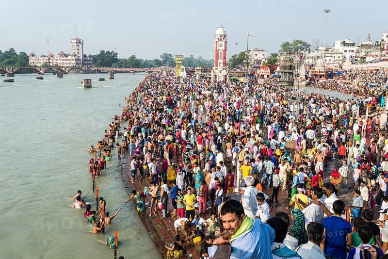 Masses of pilgrims are gathering for bathing at Harki Pauri Ghat at the holy river Ganges
