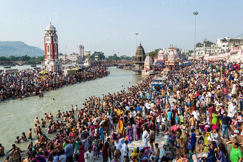 Masses of pilgrims are gathering for bathing at Harki Pauri Ghat at the holy river Ganges