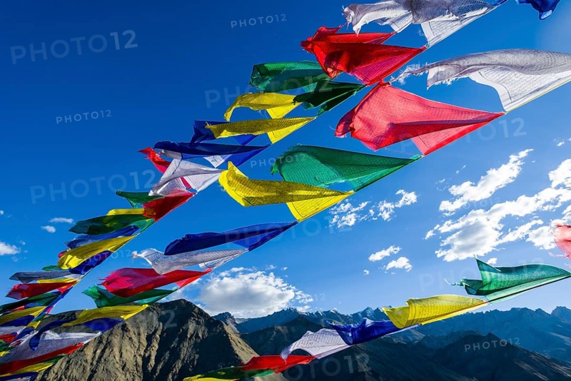 Tibetan prayer flags are wavin in the wind at Lamayuru Gompa