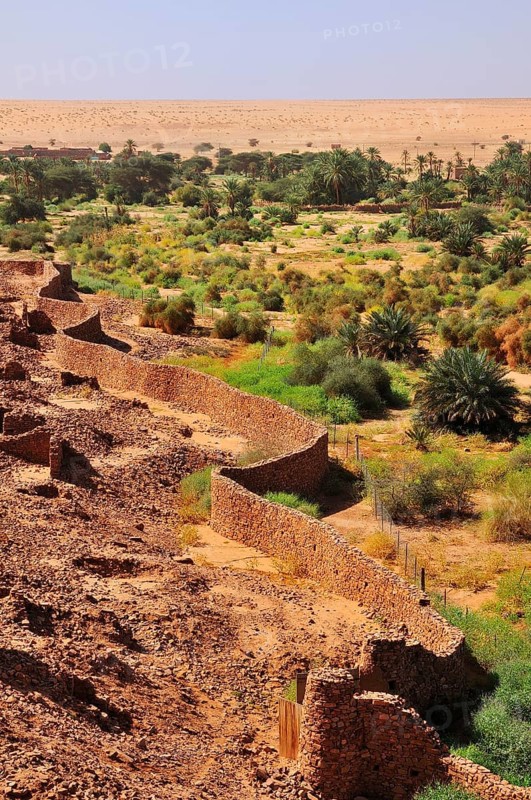 Ruins of the fortified trading post or Ksar with ramparts and oasis