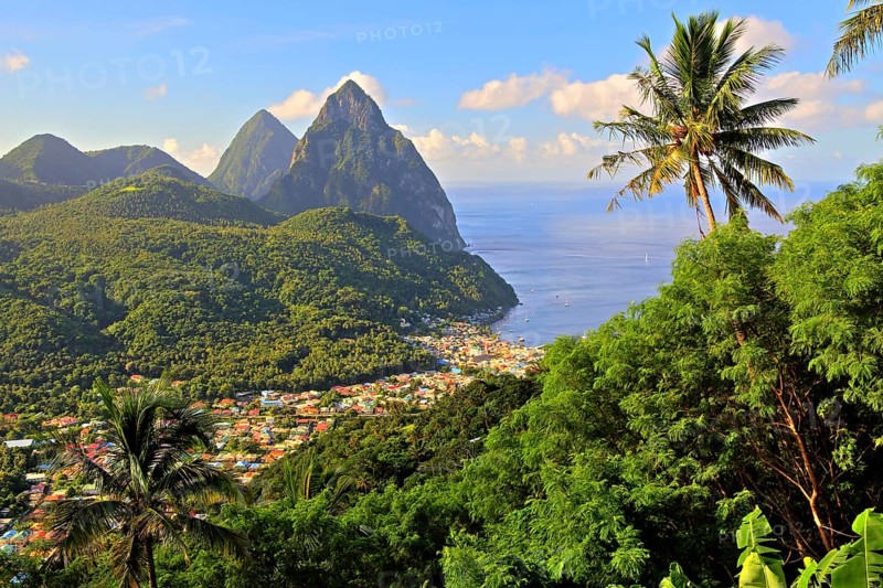 Tropical landscape with view of the village and the two Pitons