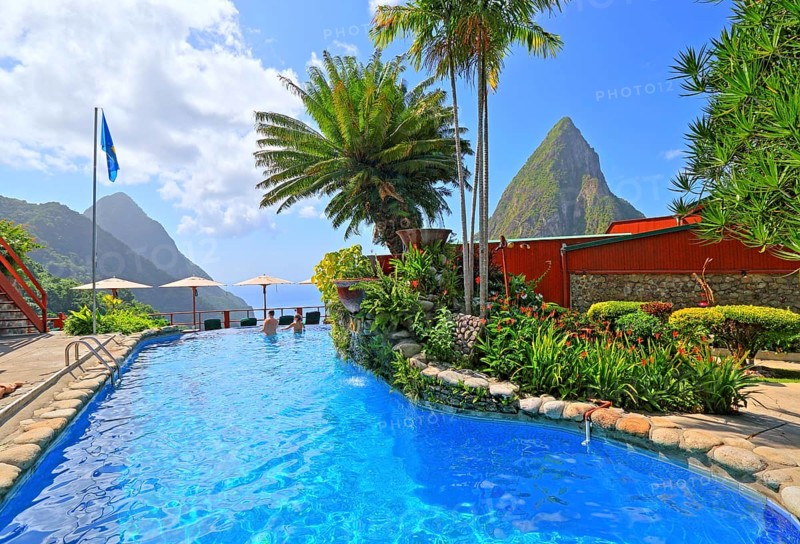Ladera Resort's swimming pool with views of the two Pitons