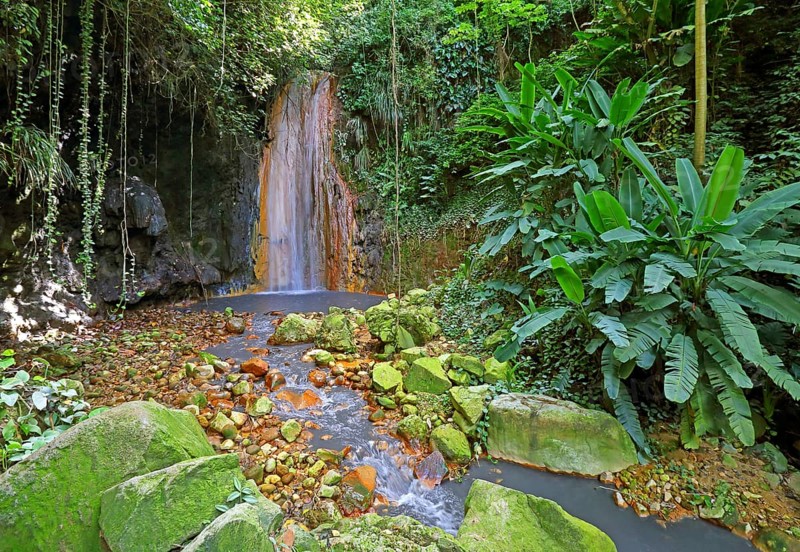 Diamond Waterfall in the Botanical Garden with tropical vegetation