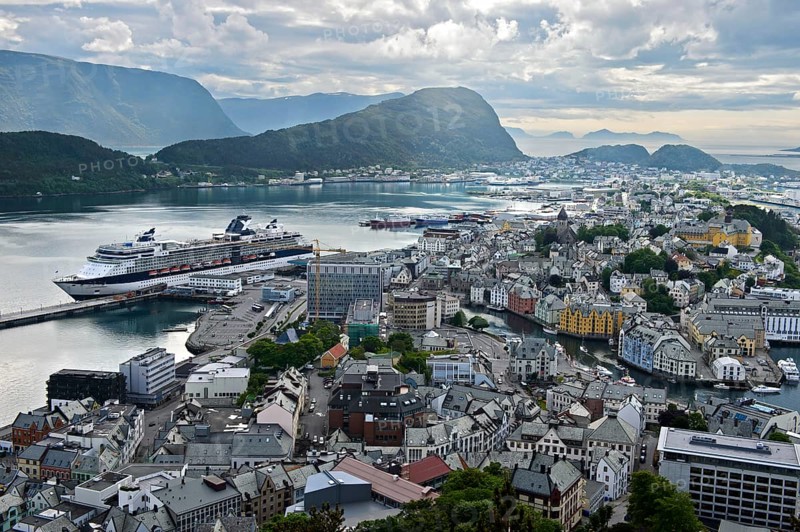 View from the Aksla hill to Alesund with the cruise ship terminal