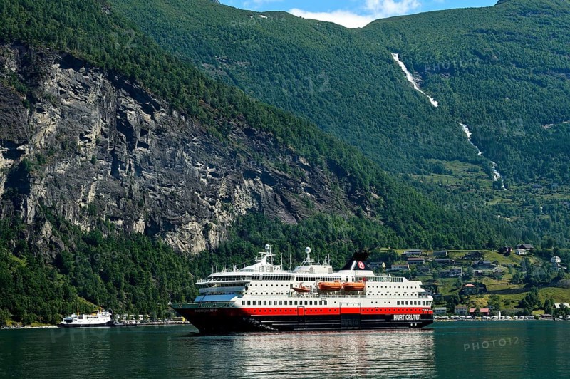 Cruise ship MS Nordkapp of the shipping company Hurtigruten AS in Geirangerfjord