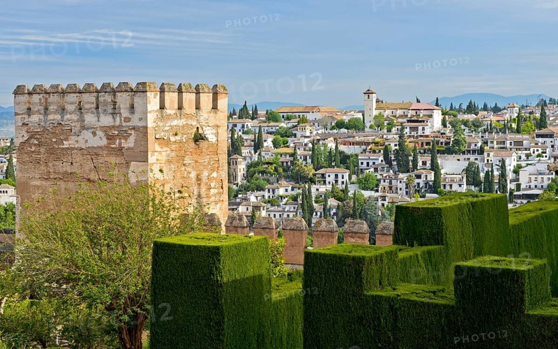 View from the Generalife gardens on the Albaicin district with the church of San Nicolas