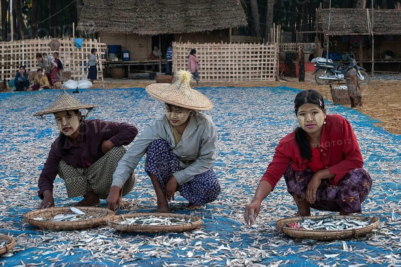 Local women wearing straw hats and Thanaka paste on their faces