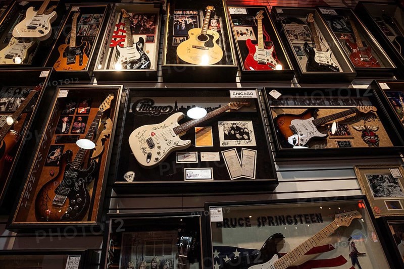 Guitars with autographs of various famous musicians