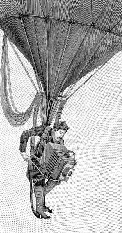 A Japanese war photographer hanging on a gas balloon
