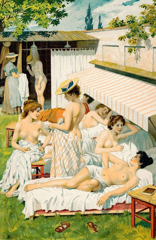 Young women sunbathe naked