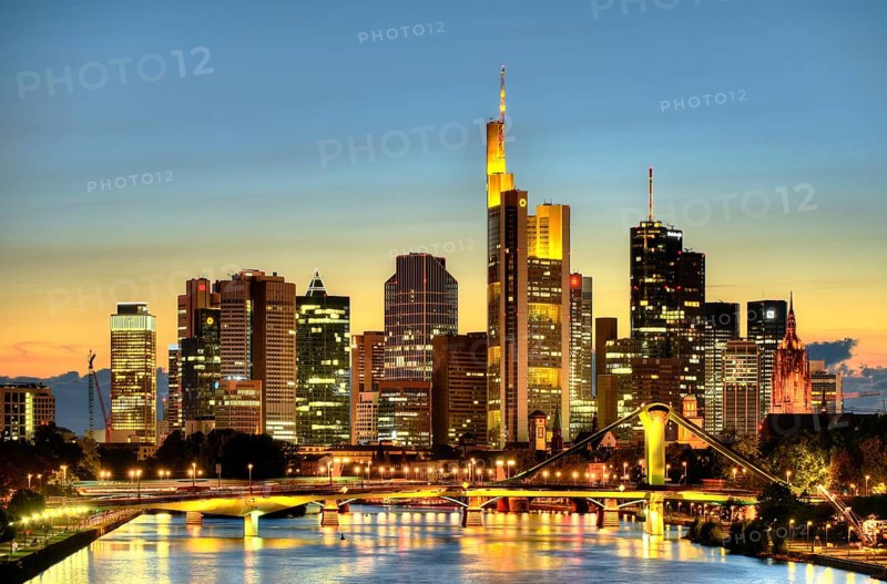 Skyline and financial district at dusk