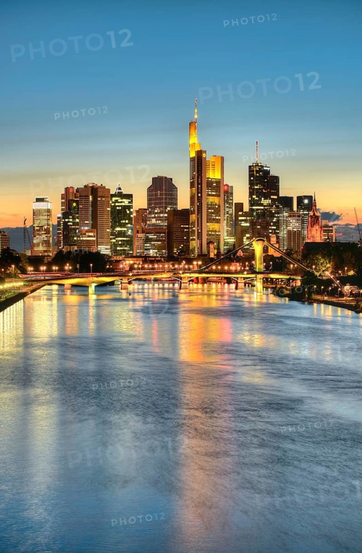 Skyline and financial district at dusk