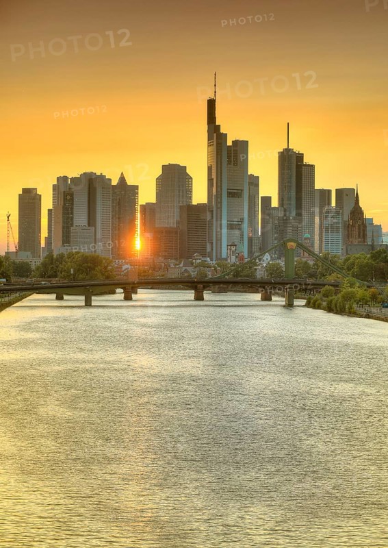 Skyline and financial district at sunset
