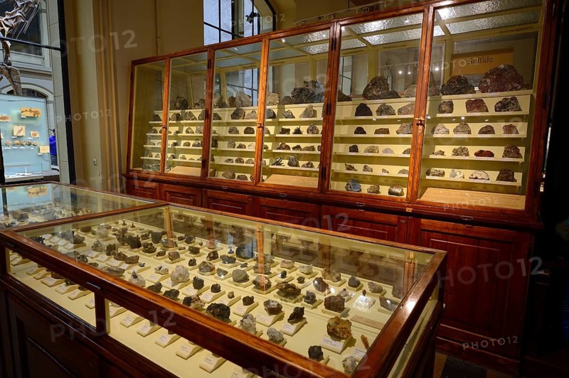 Various minerals in glass cabinets